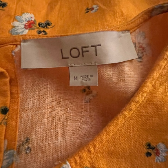 Loft Gold-Orange Top Floral 55% Linen Blend Buttons down Back Flutter Sleeves M - Picture 8 of 8